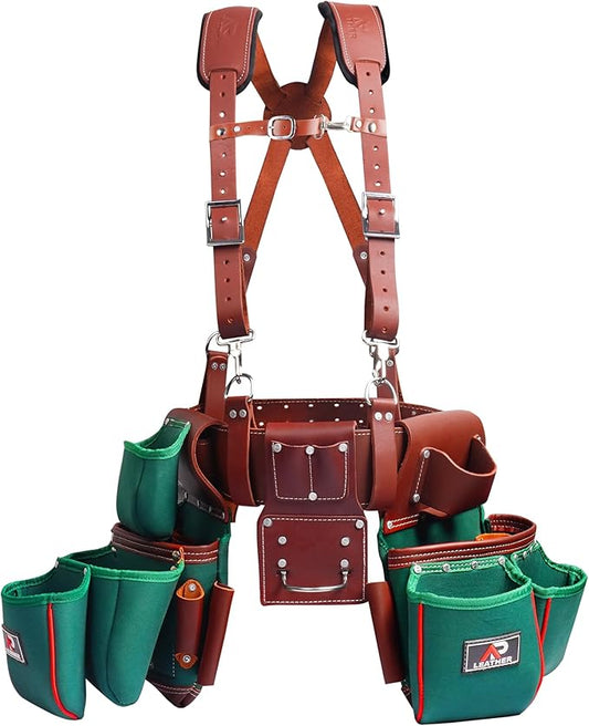 AP-LEATHER Heavy-Duty Green Tool Pouch for Men with Suspenders