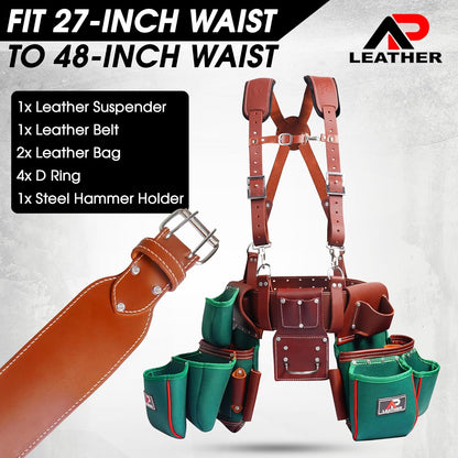 AP-LEATHER Heavy-Duty Green Tool Pouch for Men with Suspenders
