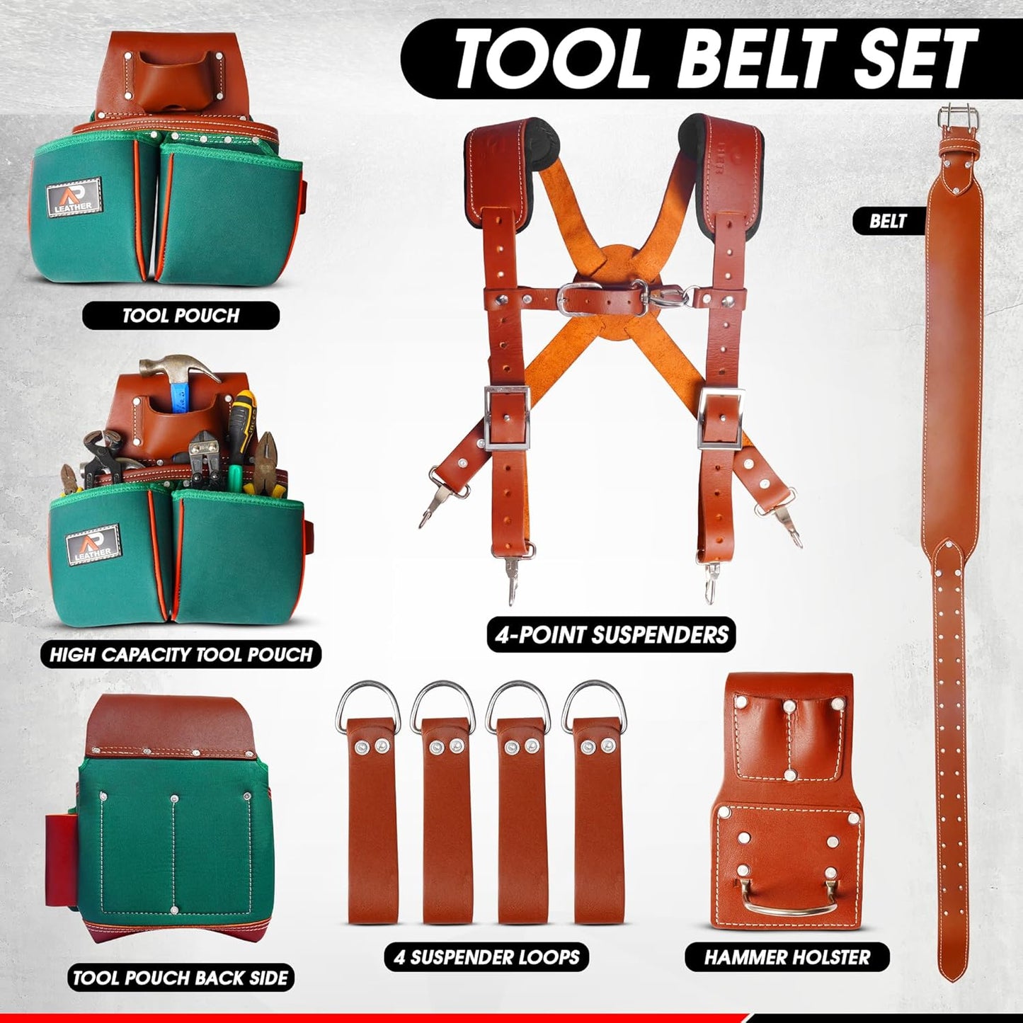 AP-LEATHER Heavy-Duty Green Tool Pouch for Men with Suspenders