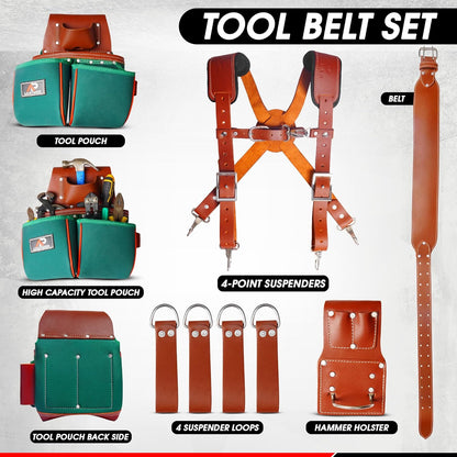 AP-LEATHER Heavy-Duty Green Tool Pouch for Men with Suspenders