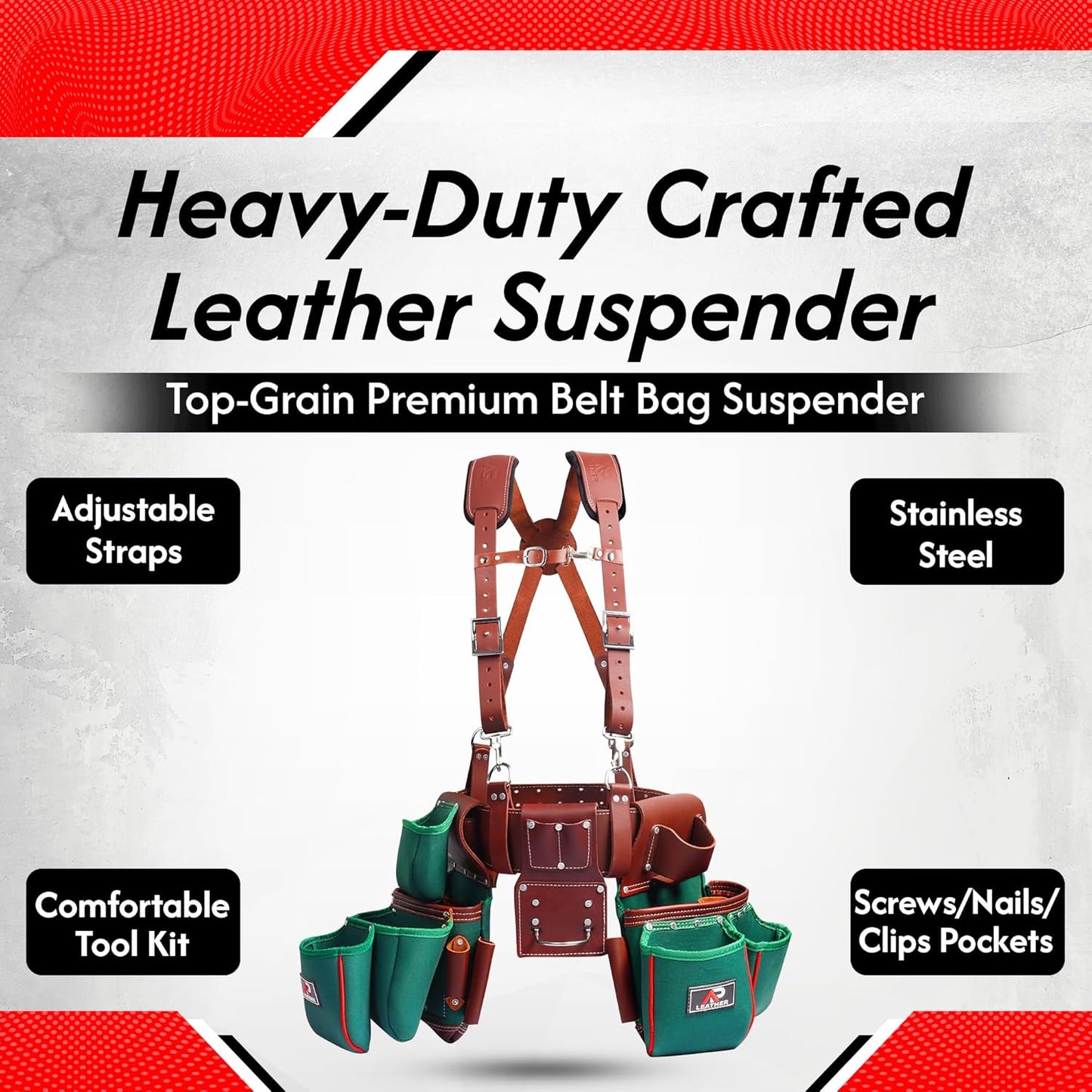 AP-LEATHER Heavy-Duty Green Tool Pouch for Men with Suspenders